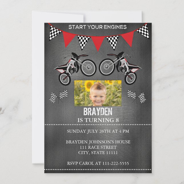 Chalkboard Dirt Bike Photo Birthday Invitation (Front)