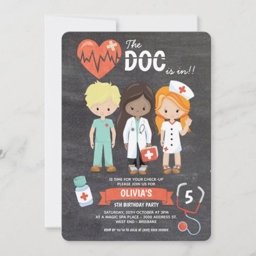 Chalkboard Doc Is In Doctor Birthday Invitation