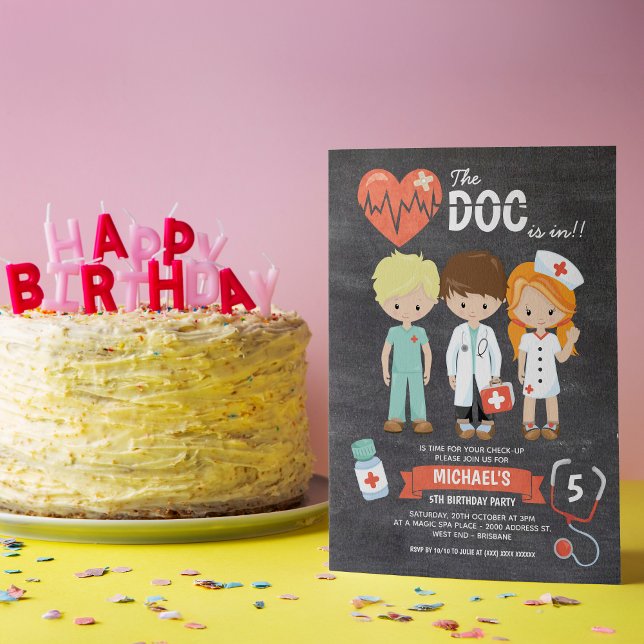 Chalkboard Doc Is In Doctor Birthday Invitation ( Grab yourself a dose of absolute cuteness with our fun doctor themed birthday invitation. )