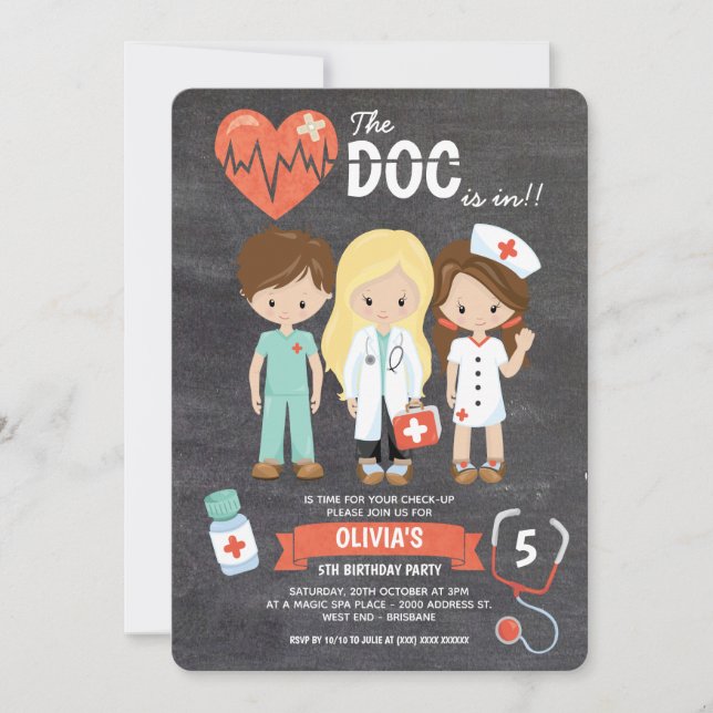 Chalkboard Doc Is In Doctor Birthday Invitation (Front)