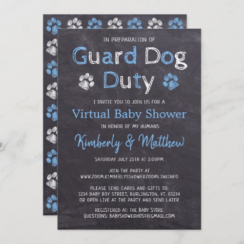 Chalkboard Dog Blue Boy Virtual Baby Shower Invitation