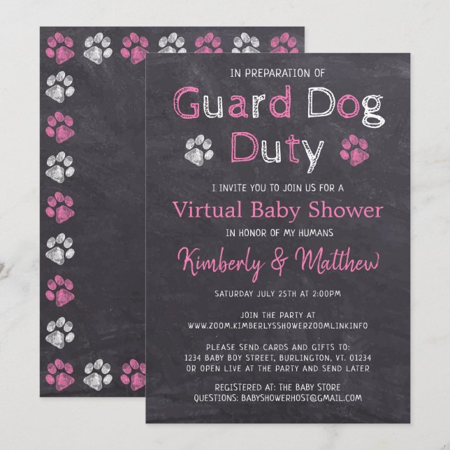 Chalkboard Dog Pink Girl Virtual Baby Shower Invitation (Front/Back)