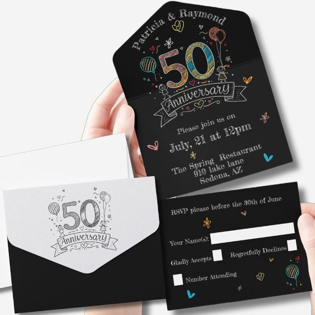 Chalkboard Doodles 50th Anniversary Personalized  All In One Invitation (Creator Uploaded)