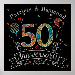 Chalkboard Doodles 50th Anniversary Personalized  Poster