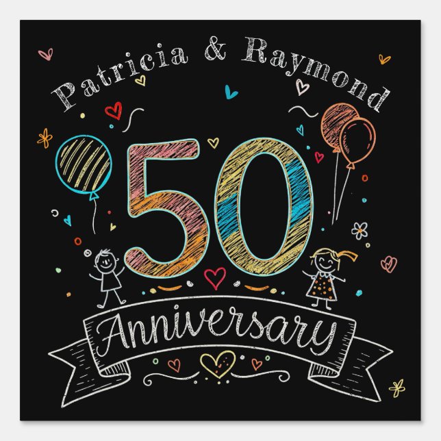 Chalkboard Doodles 50th Anniversary Personalized  Sign (Front)