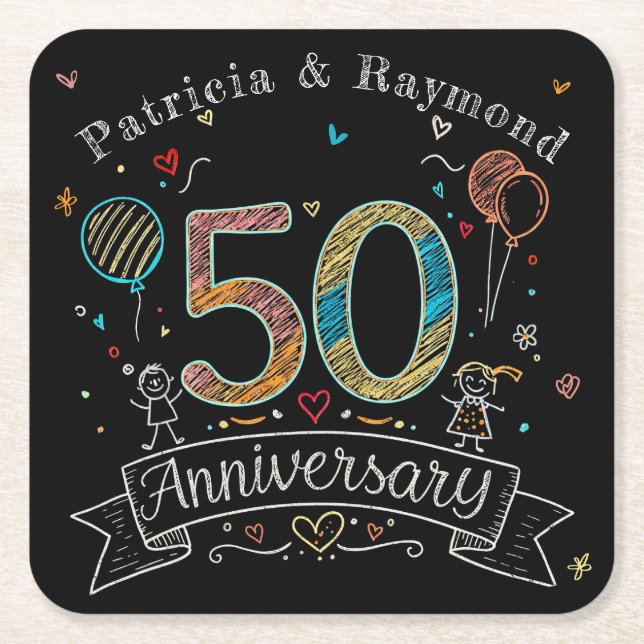 Chalkboard Doodles 50th Anniversary Personalized Square Paper Coaster (Front)