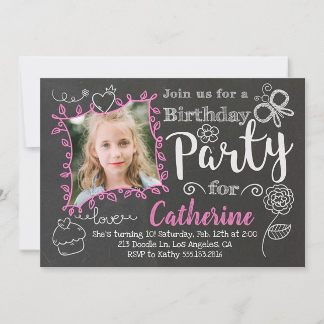Chalkboard Doodles Girls Birthday Party Invitation (Front)