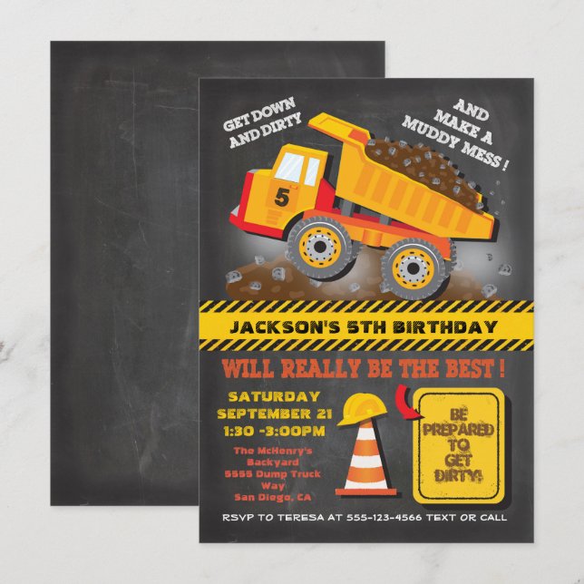 Chalkboard Dump Truck Construction Birthday Party Invitation (Front/Back)