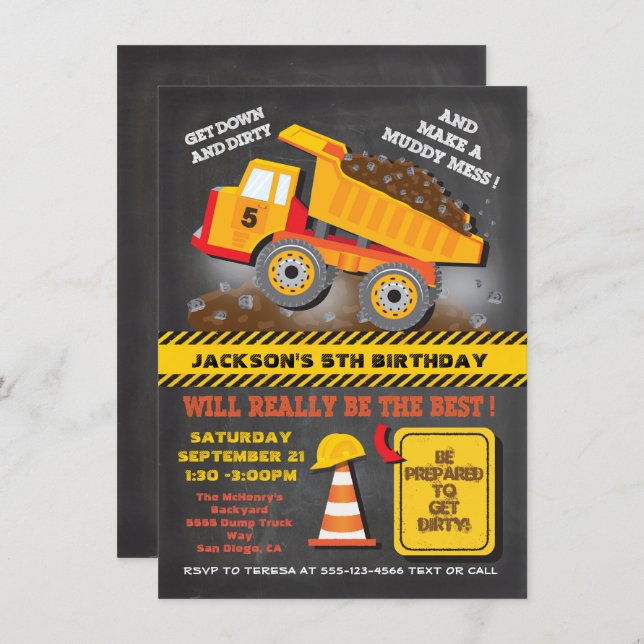 Chalkboard Dump Truck Construction Birthday Party Invitation (Front/Back)