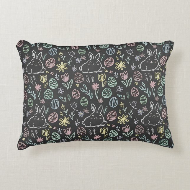 Chalkboard Easter Bunny Doodle Pattern Accent Pillow (Front)