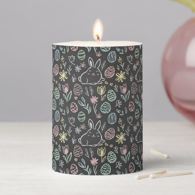 Chalkboard Easter Bunny Doodle Pattern Pillar Candle (In Situ)