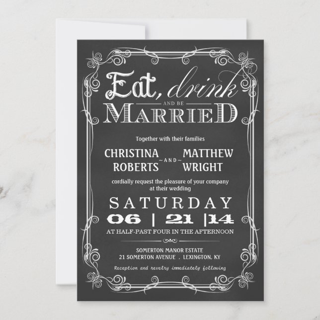 Chalkboard Eat Drink Be Married Wedding Invitation (Front)