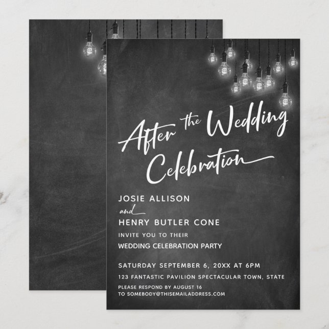 Chalkboard Edison Lights After Wedding Celebration Invitation (Front/Back)