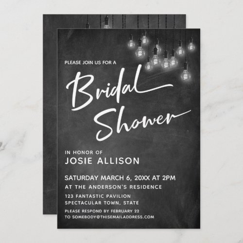 Chalkboard Edison Lights Modern Bridal Shower Invitation