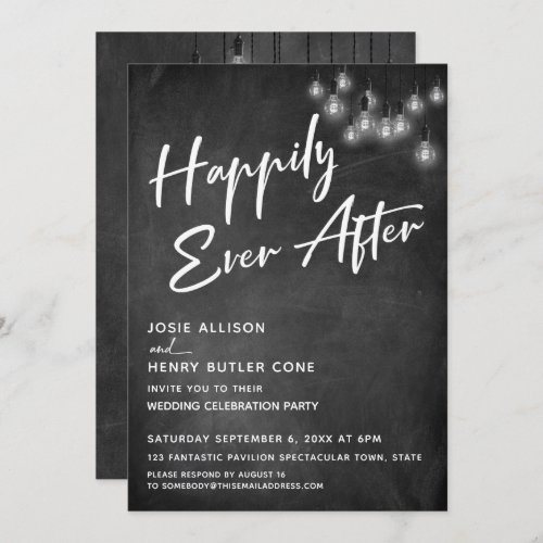 Chalkboard Edison Lights Modern Happily Ever After Invitation