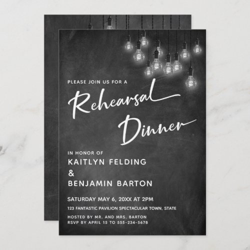 Chalkboard Edison Lights Modern Rehearsal Dinner Invitation