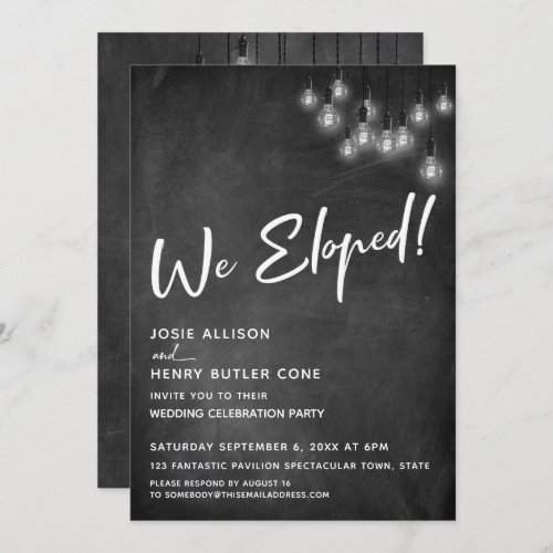 Chalkboard Edison Lights Modern We Eloped Invitation