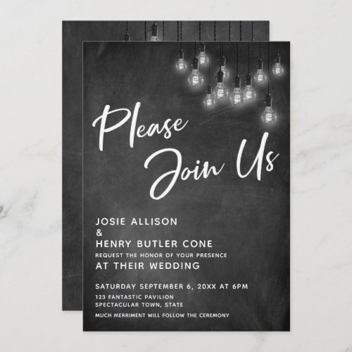 Chalkboard Edison Lights Please Join Us Wedding Invitation