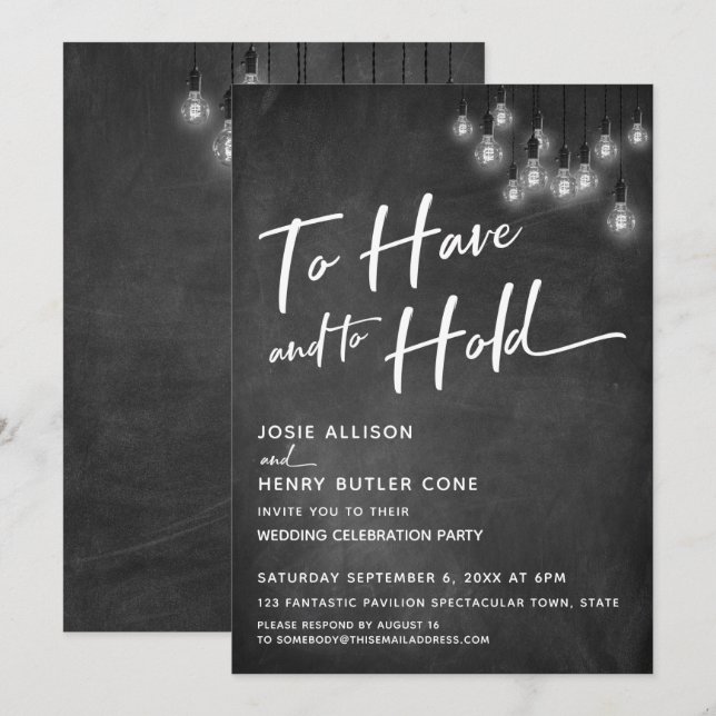 Chalkboard Edison Lights To Have and to Hold Invitation (Front/Back)