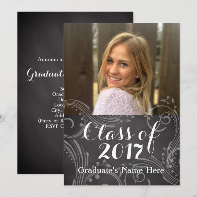 Chalkboard Elegant Class of 2016 Photo Graduation Invitation (Front/Back)