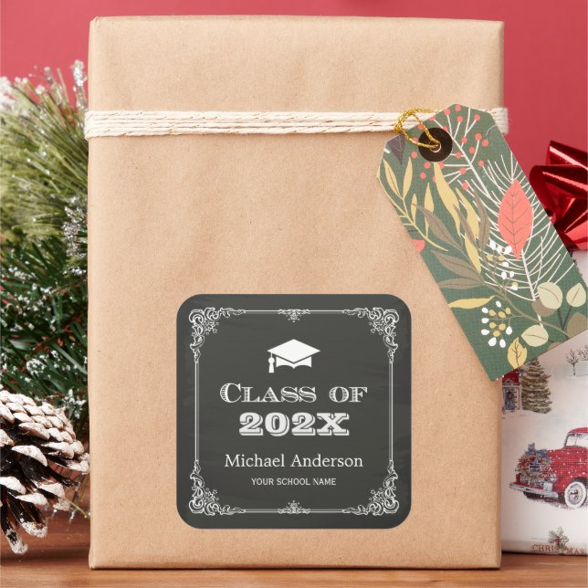 Chalkboard Elegant Frame Graduation Favor Square Sticker (Holiday)
