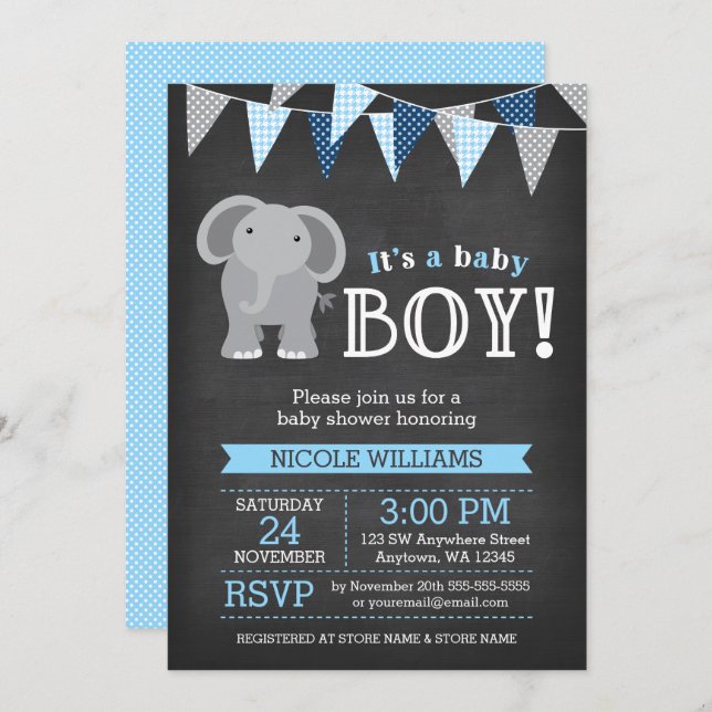Chalkboard Elephant Boy Baby Shower Invitations (Front/Back)