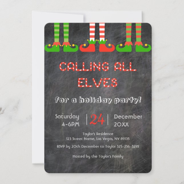 Chalkboard Elves Christmas Party Invitation (Front)