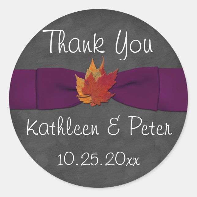 Chalkboard, Fall Leaves Wedding Sticker 2 - Purple (Front)