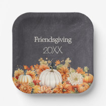 Chalkboard Fall Pumpkin Floral Friendsgiving Year Paper Plates