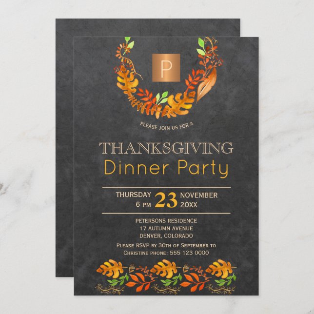 Chalkboard fall wreath monogram thanksgiving party invitation (Front/Back)