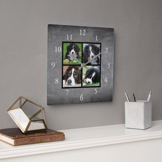Chalkboard Family custom photo collage Square Wall Clock (Office)