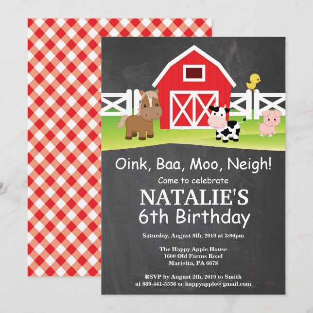 Chalkboard Farm Birthday Invitation Barnyard Party (Front/Back)