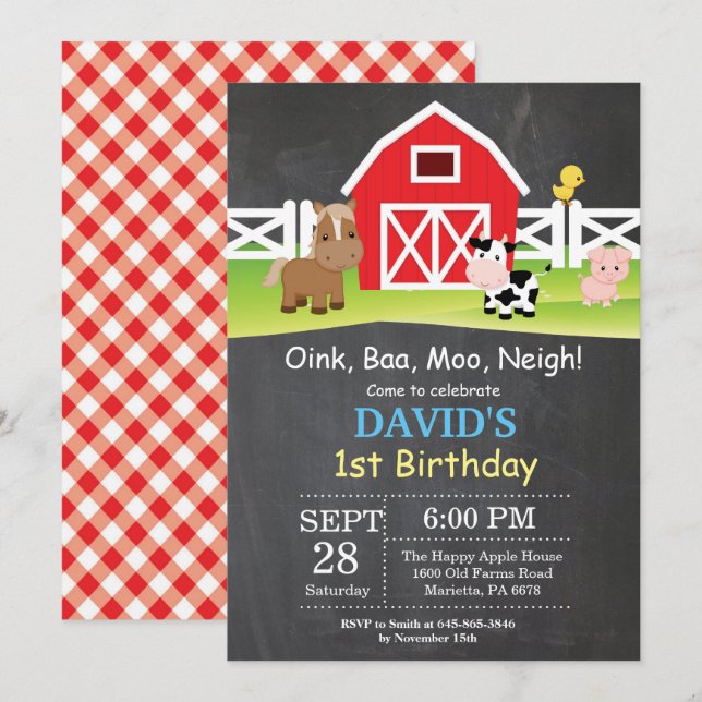 Chalkboard Farm Birthday Invitation Barnyard Party (Front/Back)