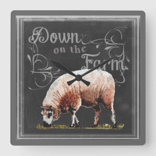 Chalkboard Farm  Down on the Farm Sheep Square Wall Clock