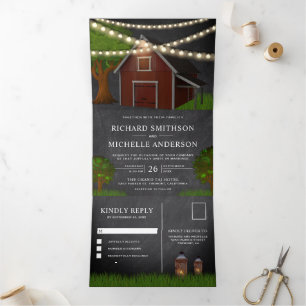 Chalkboard Farm Red Barn String Lights Wedding Tri-Fold Invitation