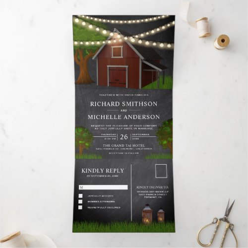 Chalkboard Farm Red Barn String Lights Wedding Tri_Fold Invitation