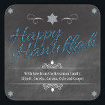 Chalkboard Faux BlueGlitter Hanukkah Square Sticker<br><div class="desc">A chalkboard background shows off the words "Happy Hanukkah" which is rendered in a blue faux glitter effect. A silver glittery Star of David punctuates the top of the design. Dreidels are added as accents along with curvy ornaments to frame your special message. Perfect way to make your Hanukkah celebration...</div>