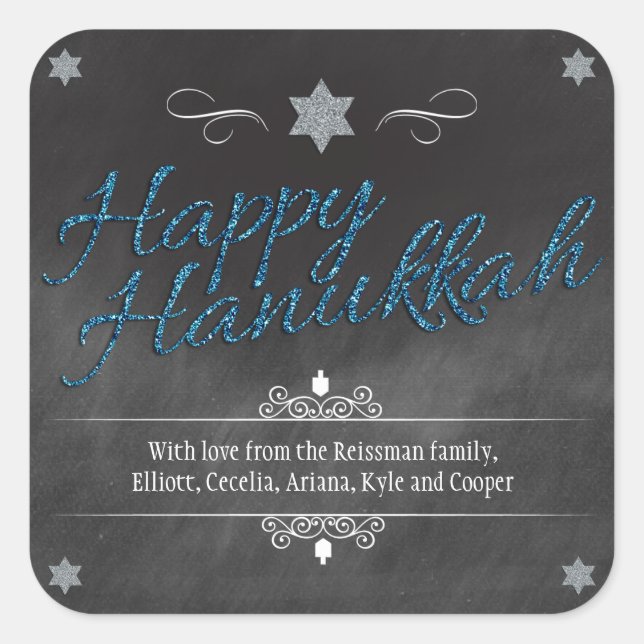 Chalkboard Faux BlueGlitter Hanukkah Square Sticker (Front)