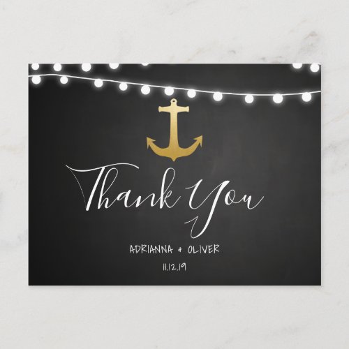 Chalkboard Faux Gold Foil Anchor Wedding Thank You Postcard