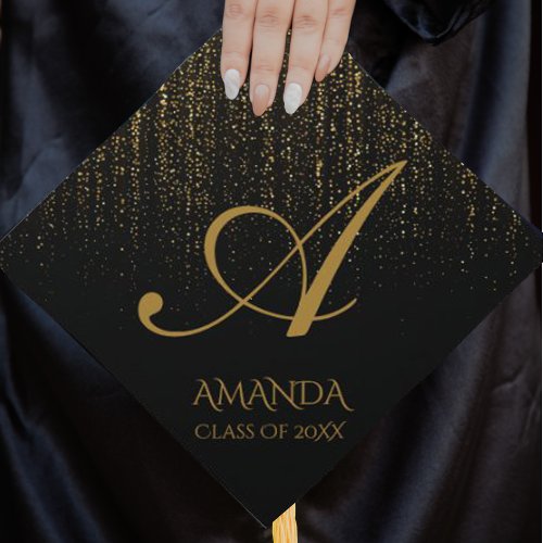 Chalkboard Faux Gold Glitter Monogram Add Name Graduation Cap Topper