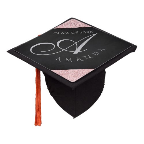 Chalkboard Faux Pink Glitter Monogram Add Name Graduation Cap Topper
