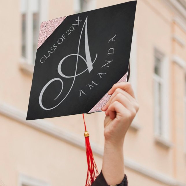 Chalkboard Faux Pink Glitter Monogram Add Name Graduation Cap Topper (Creator Uploaded)
