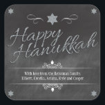 Chalkboard Faux Silver Glitter Hanukkah Square Sticker<br><div class="desc">A chalkboard background shows off the words "Happy Hanukkah" which is rendered in a silver faux glitter effect. A silver glittery Star of David punctuates the top of the design. Dreidels are added as accents along with curvy ornaments to frame your special message. Perfect way to make your Hanukkah celebration...</div>