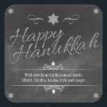 Chalkboard Faux Silver Glitter Hanukkah Square Sticker<br><div class="desc">A chalkboard background shows off the words "Happy Hanukkah" which is rendered in a silver faux glitter effect. A silver glittery Star of David punctuates the top of the design. Dreidels are added as accents along with curvy ornaments to frame your special message. Perfect way to make your Hanukkah celebration...</div>