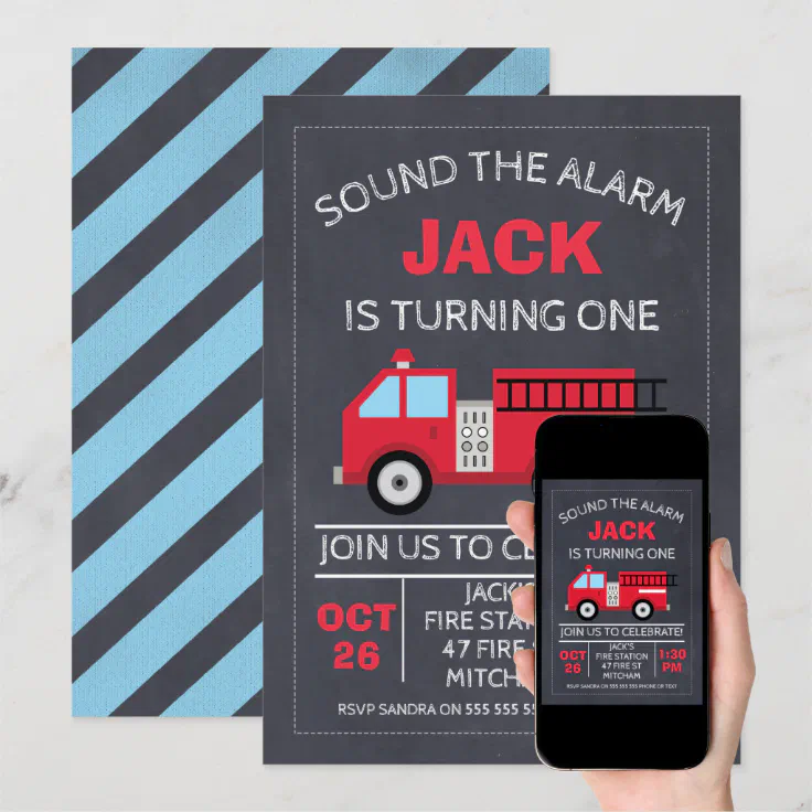 Chalkboard Fire Engine Birthday Invitation | Zazzle