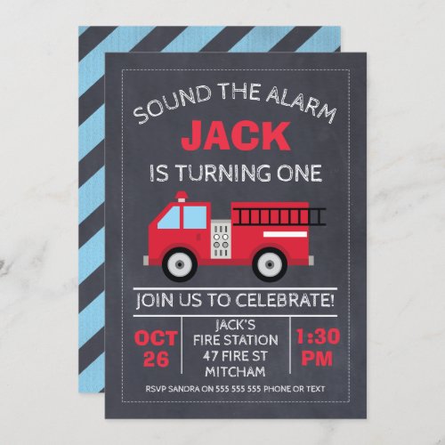 Chalkboard Fire Engine Birthday Invitation