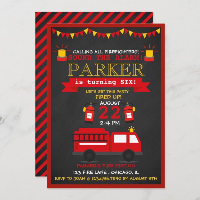 Chalkboard Fire Fighter Birthday Party Invitation (Front/Back)