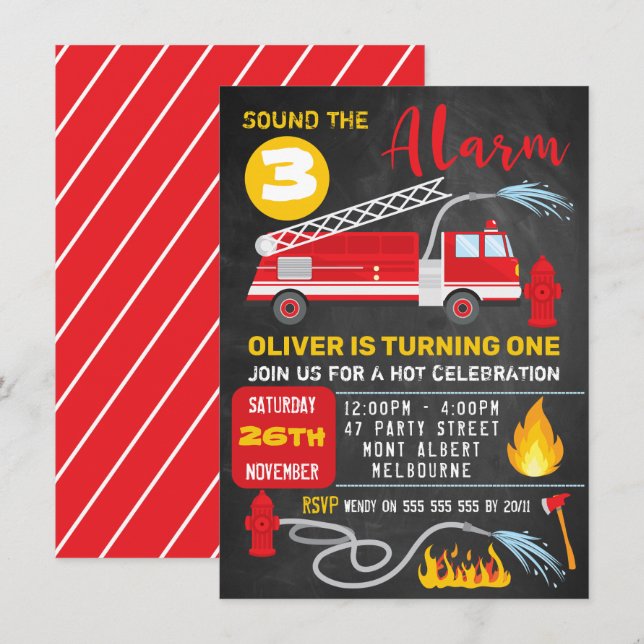 Chalkboard Fire Truck Birthday Invitation (Front/Back)