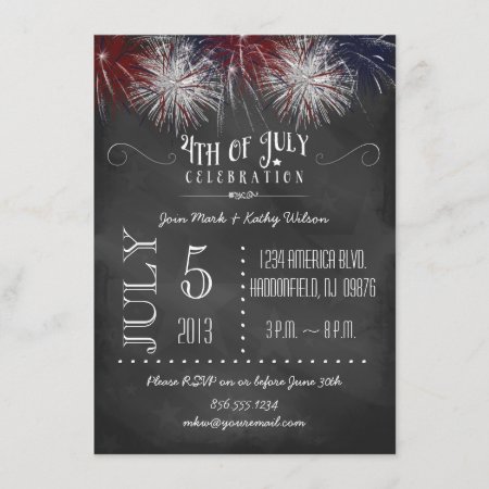 Chalkboard Fireworks 4th Of July Party Invitation