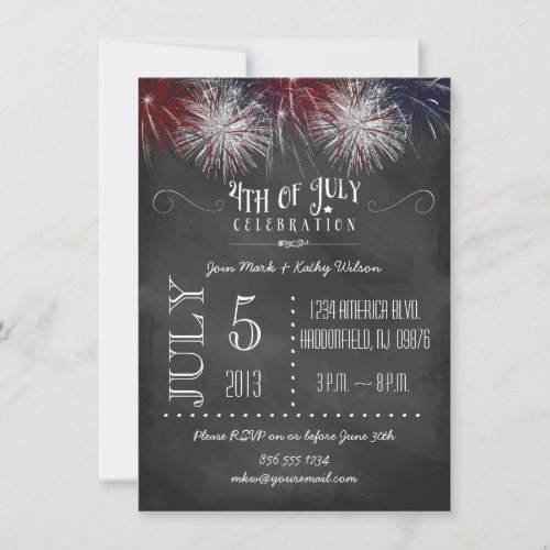 Chalkboard Fireworks 4th of July Party Invitation